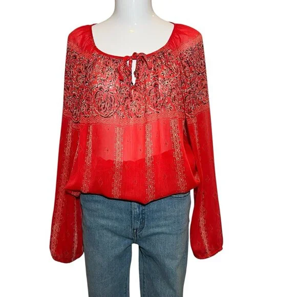 LUCKY BRAND  Women Top BLOUSE Size Large KEYHOLE NECK RED SEMI SHEER Peasant - Picture 2 of 11
